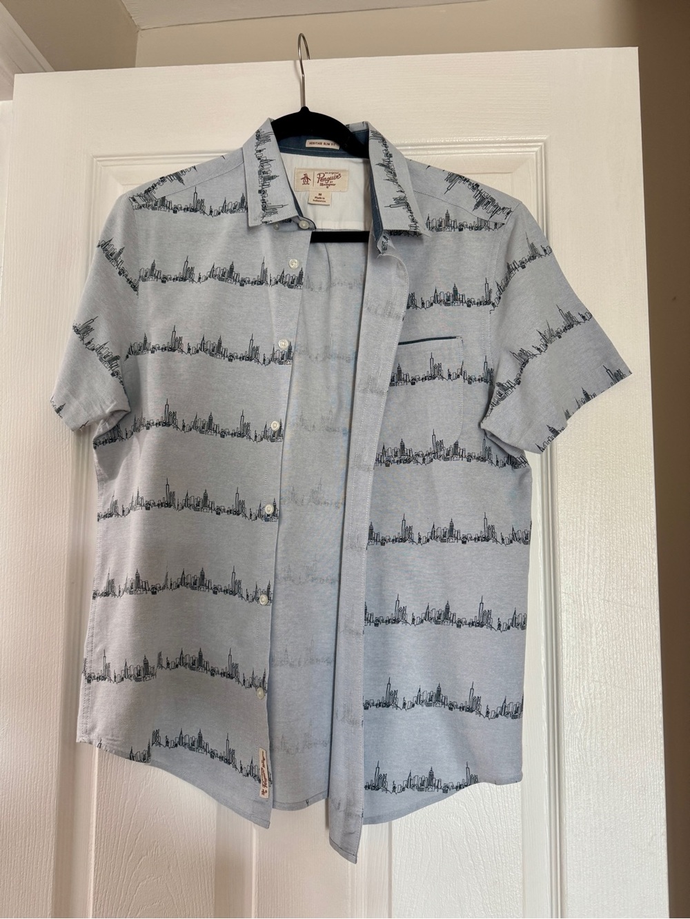Original Penguin Light Blue Skyline-Stripe Short Sleeve Button-Down Shirt